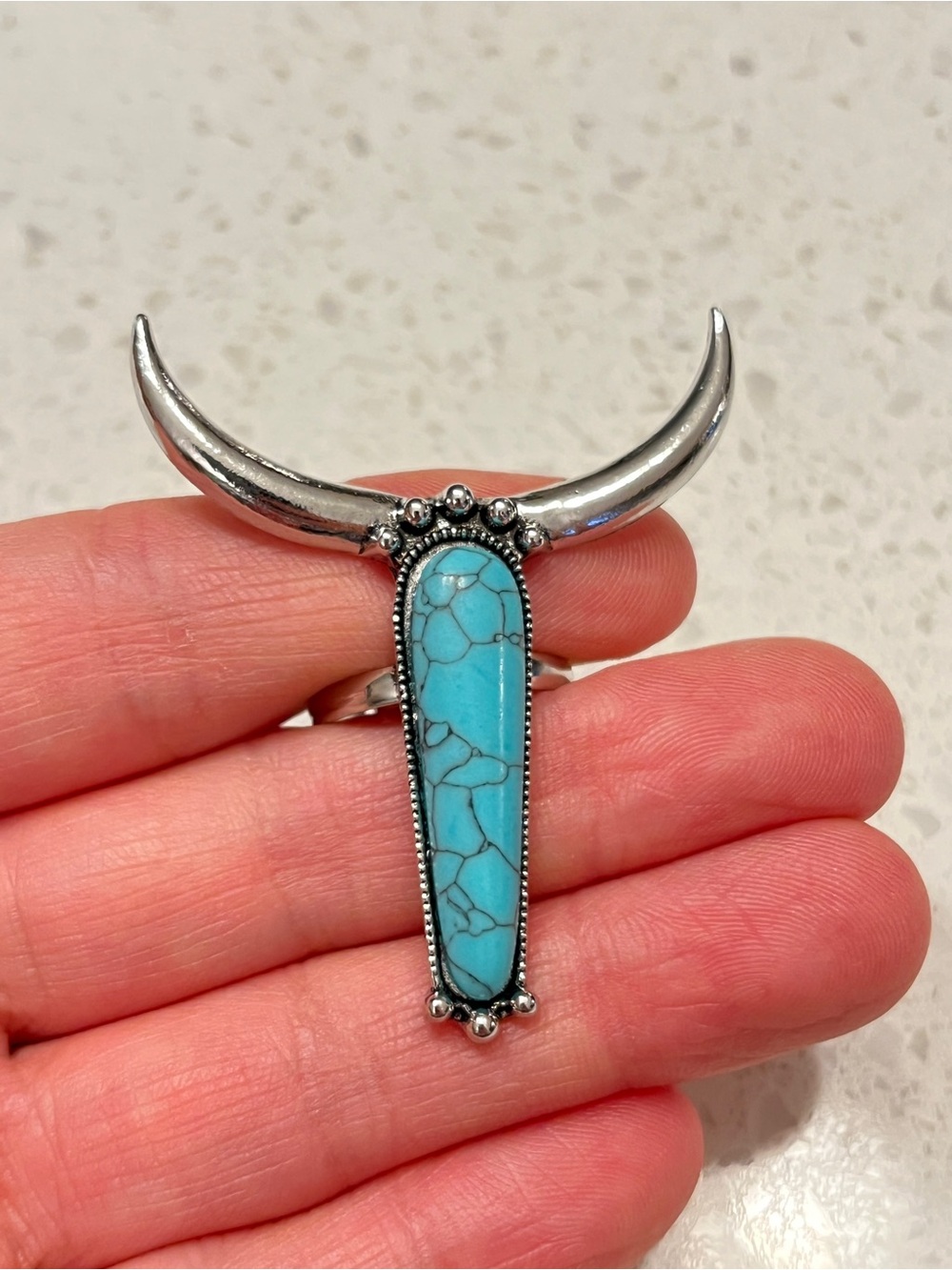 Western Cowboy Style Bull Head Faux Turquoise Adjustable Ring